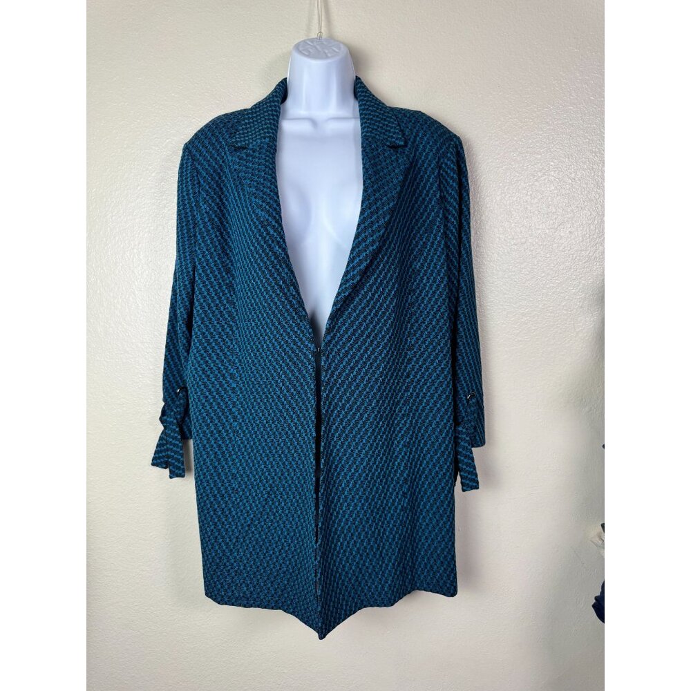 Misook Womens Blue Black‎ Knit Long Blazer Jacket Size Large Tunic 3/4 Sleeve